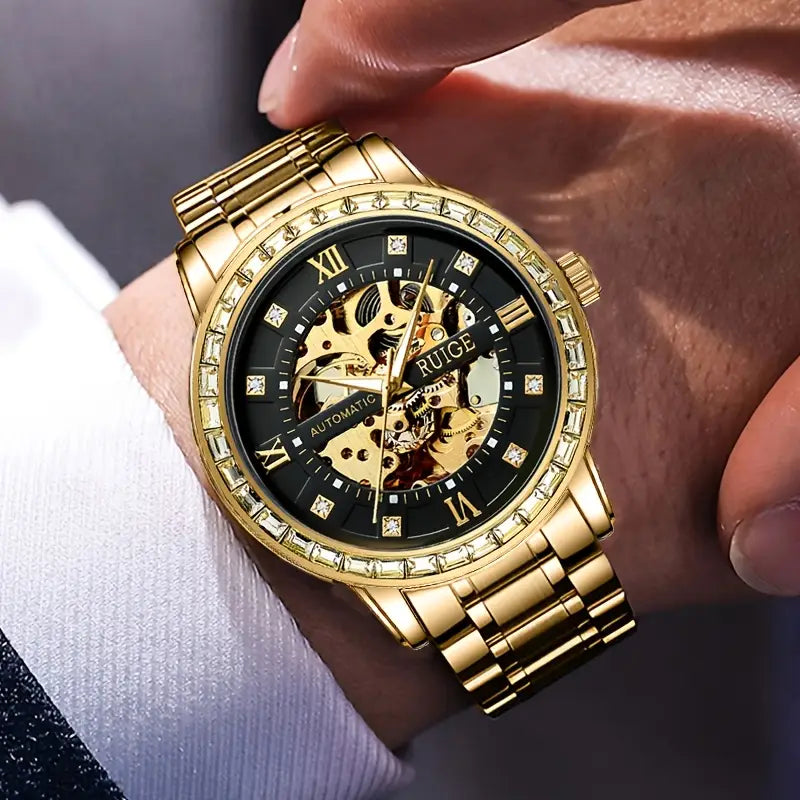 RUIGE Luxury Men's Automatic Mechanical Watch - Sleek Business Style with Luminous Hollow Dial, Stainless Steel Band - Perfect Gift for Him