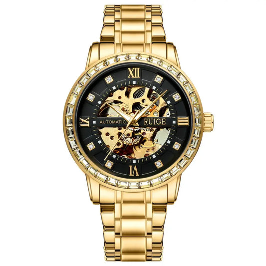 RUIGE Luxury Men's Automatic Mechanical Watch - Sleek Business Style with Luminous Hollow Dial, Stainless Steel Band - Perfect Gift for Him