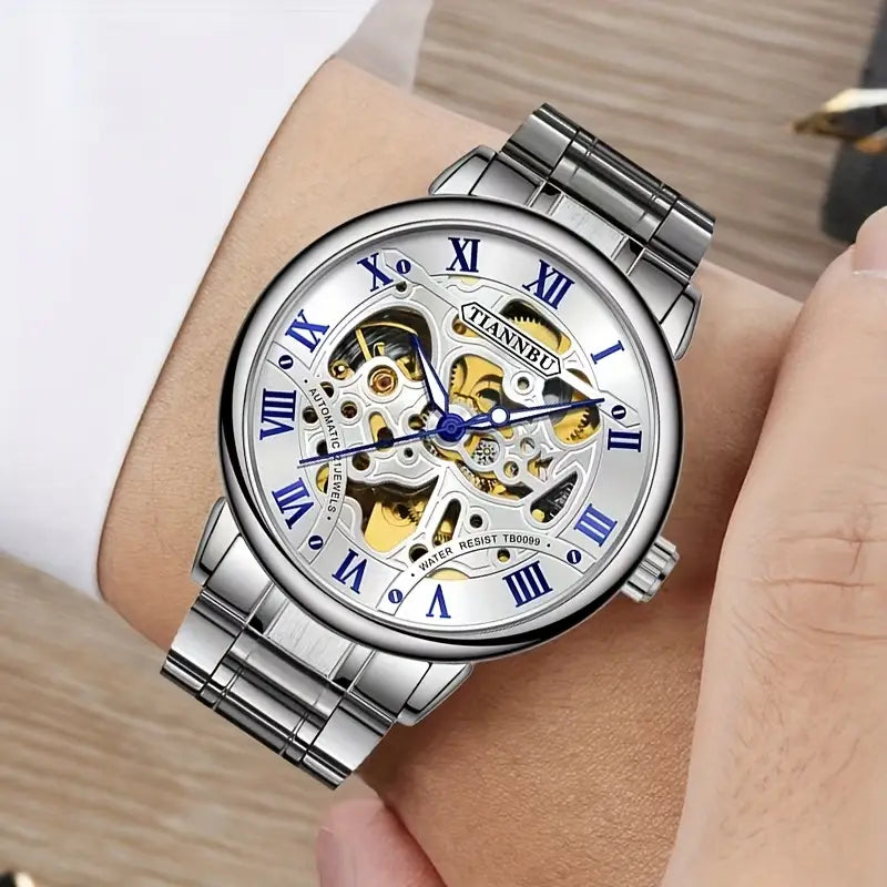 Luxury Men's Mechanical Watch with Skeleton Design, Alloy Case - Stylish Business Casual Accessory, Ideal Gift for Him (Battery Not Included)