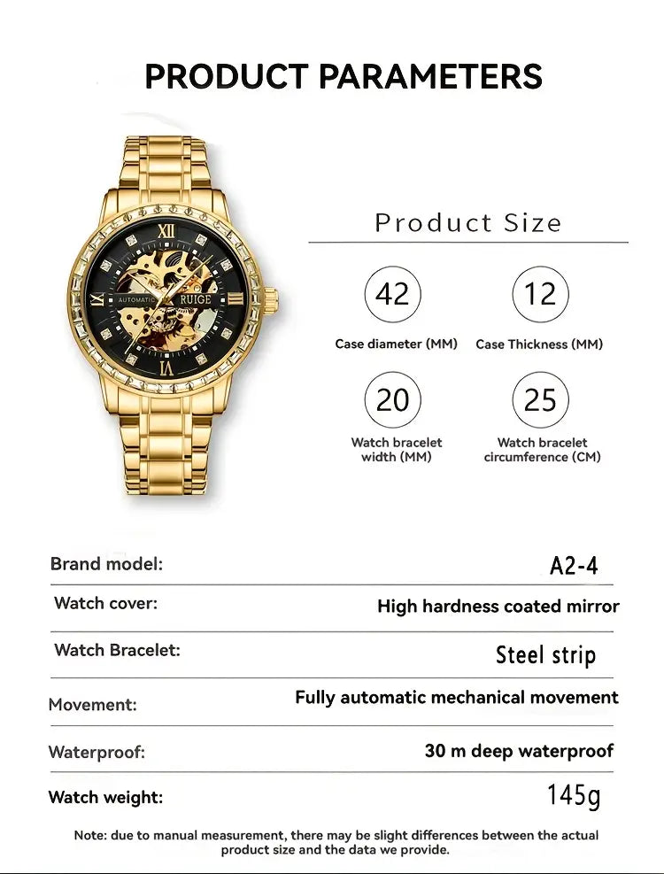 RUIGE Luxury Men's Automatic Mechanical Watch - Sleek Business Style with Luminous Hollow Dial, Stainless Steel Band - Perfect Gift for Him