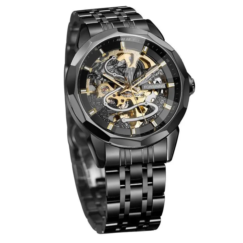 FORSINING Hollow Men'S Mechanical Watch, Stainless Steel Strap, Hollow Dial Design, Luminous Hands, Casual Business Style, Christmas Gift, Without Battery