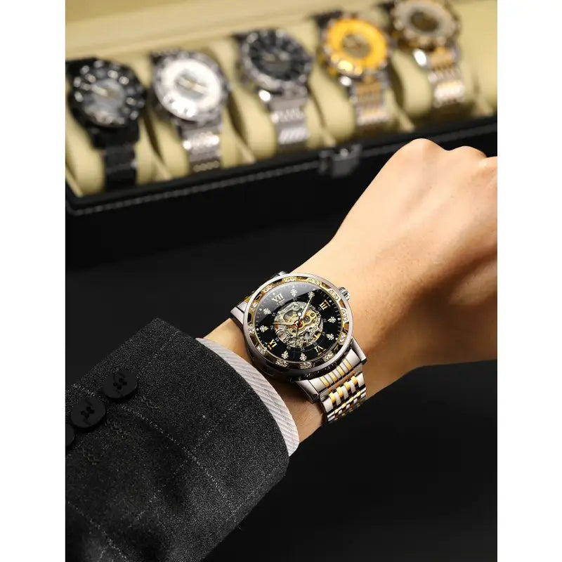 FORSINING Men's Automatic Mechanical Watch - Sleek Stainless Steel, Hollow Dial Design, Perfect for Business & Casual Wear, Ideal Gift