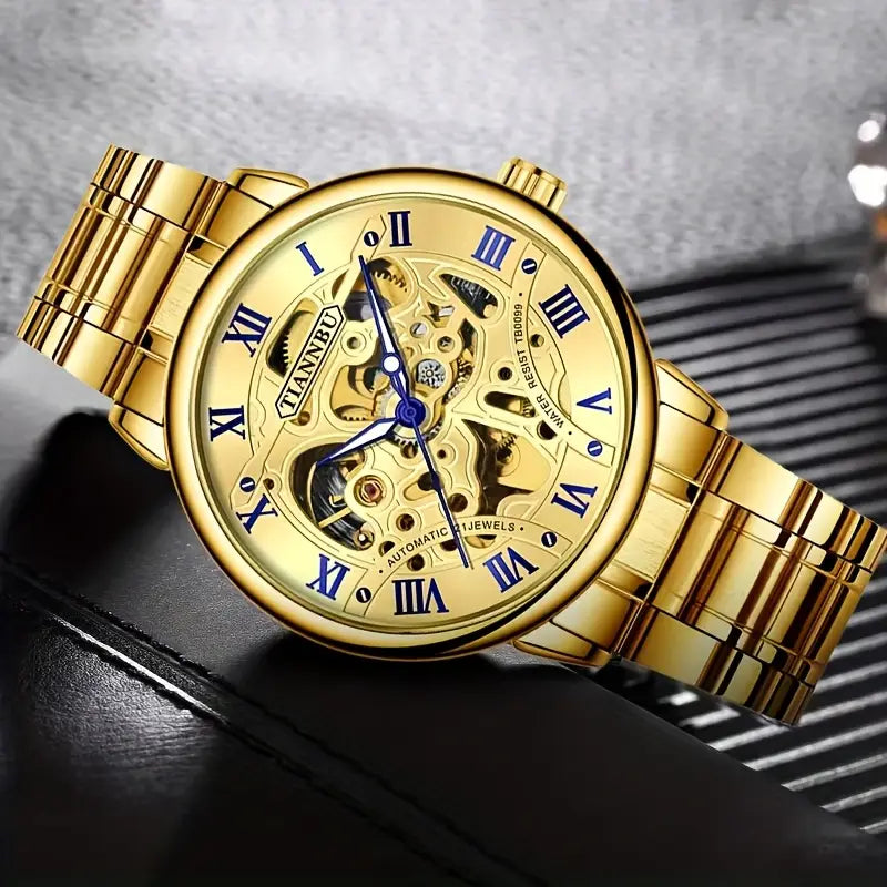 Luxury Men's Mechanical Watch with Skeleton Design, Alloy Case - Stylish Business Casual Accessory, Ideal Gift for Him (Battery Not Included)