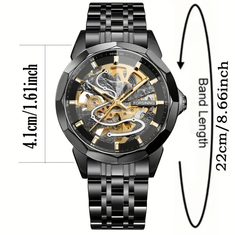 FORSINING Hollow Men'S Mechanical Watch, Stainless Steel Strap, Hollow Dial Design, Luminous Hands, Casual Business Style, Christmas Gift, Without Battery