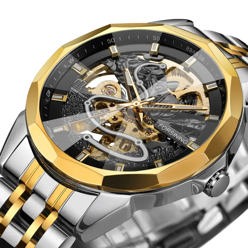 FORSINING Hollow Men'S Mechanical Watch, Stainless Steel Strap, Hollow Dial Design, Luminous Hands, Casual Business Style, Christmas Gift, Without Battery