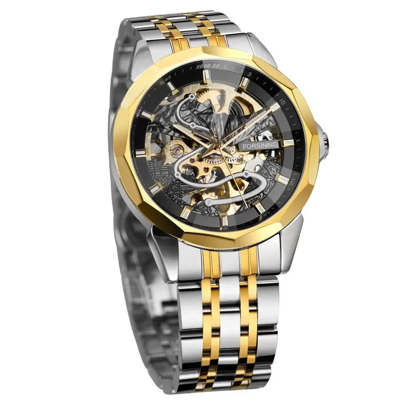 FORSINING Hollow Men'S Mechanical Watch, Stainless Steel Strap, Hollow Dial Design, Luminous Hands, Casual Business Style, Christmas Gift, Without Battery