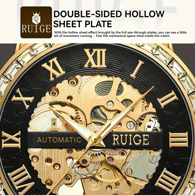 RUIGE Luxury Men's Automatic Mechanical Watch - Sleek Business Style with Luminous Hollow Dial, Stainless Steel Band - Perfect Gift for Him